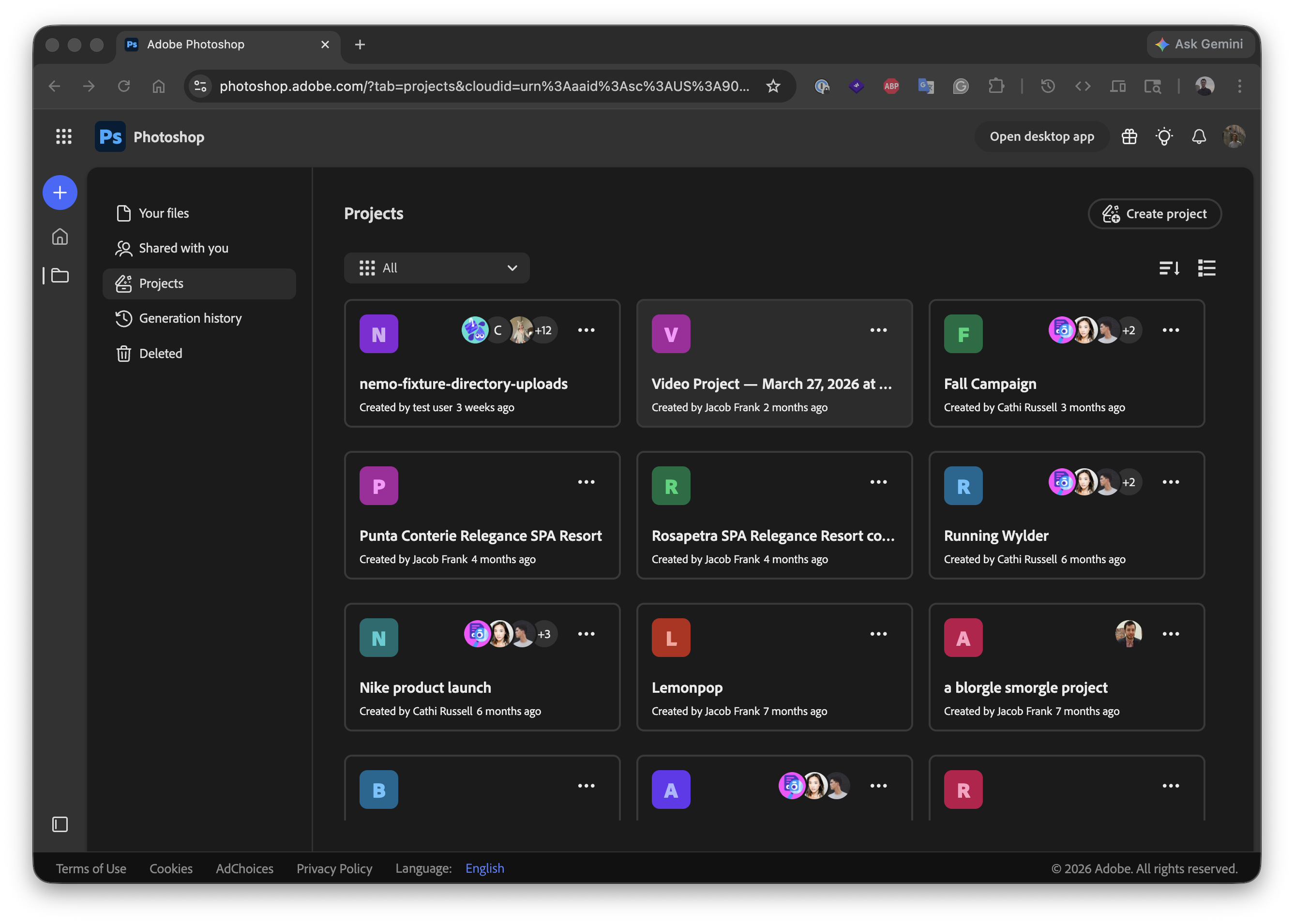 Projects view across Creative Cloud apps