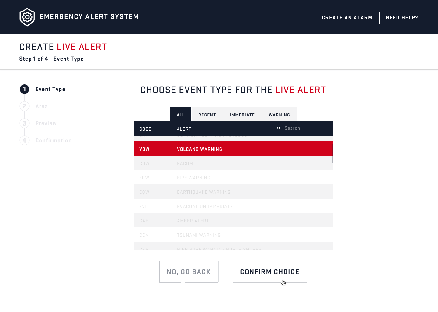 selecting a type of alert to send