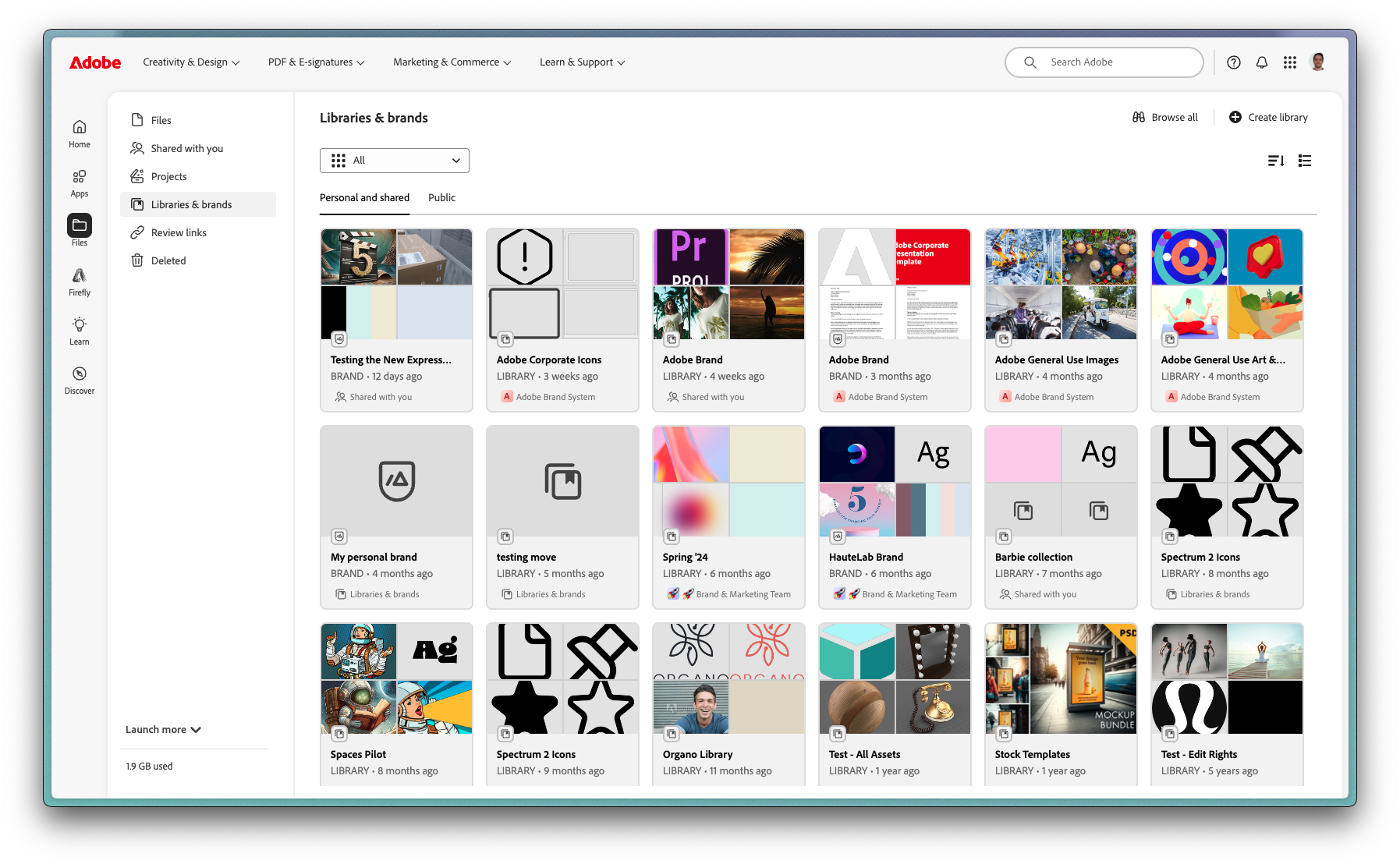 Libraries & Brands page on Adobe Home