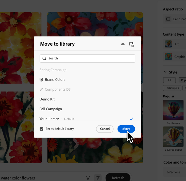 Move to library dialog showing full library list in Firefly