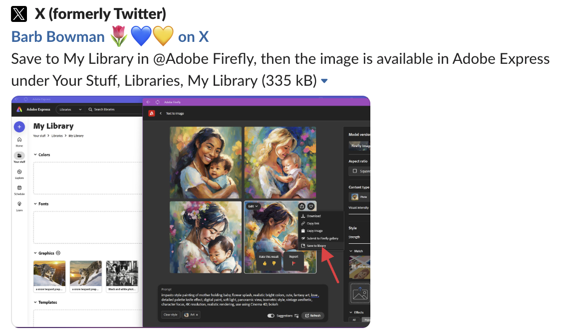 Community post showing Firefly assets in Adobe Express library